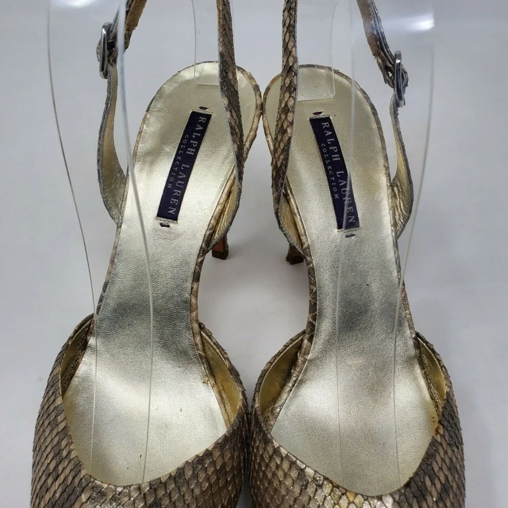 Ralph Lauren Snake Print Buckle Metallic Heels